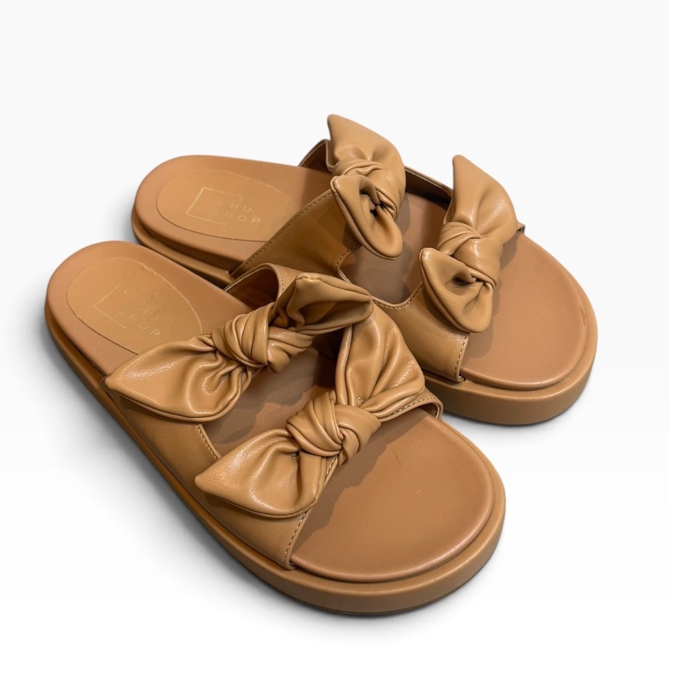 Shu Shop Kiki Tan Double Knot Bow Platform Slide Sandals Womens 8.5 Flatform
